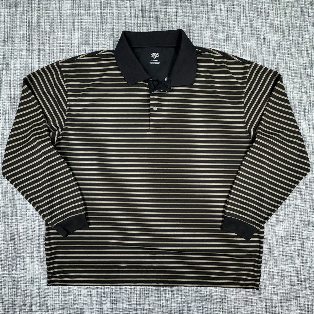 Links Edition Men's Golf Polo XXL Black Tan Stripe Long Sleeve Performance